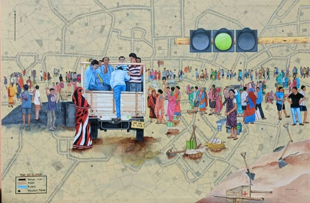City map artwork showing community movement and labour