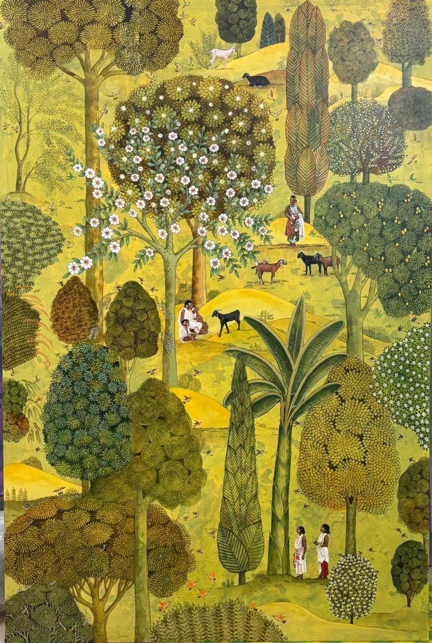 Forest painting with people and animals among trees
