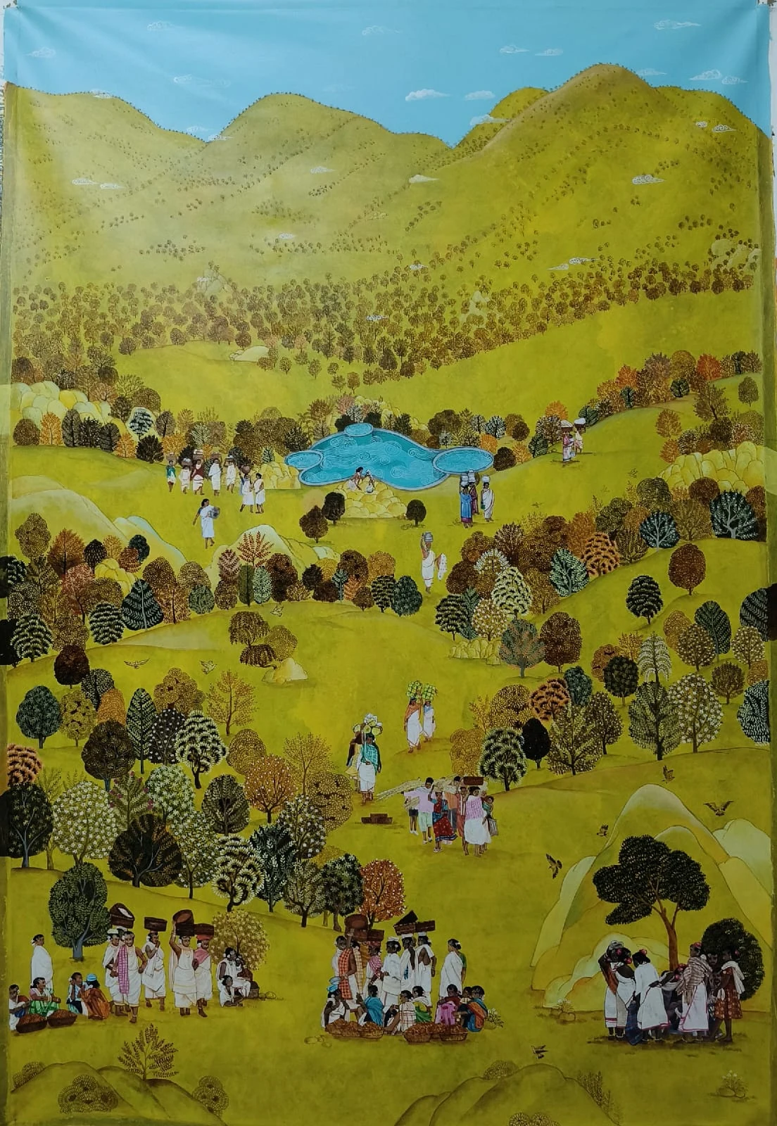 Mountain landscape with community gathering around a lake