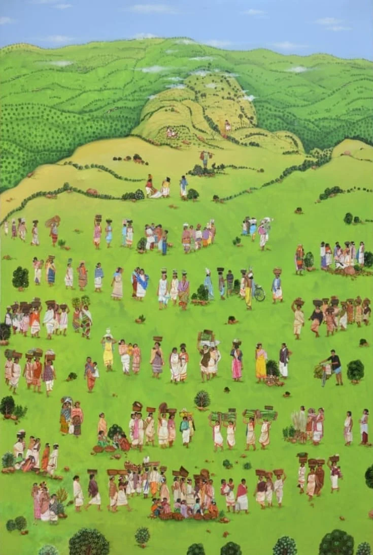 Green hill landscape with figures in procession