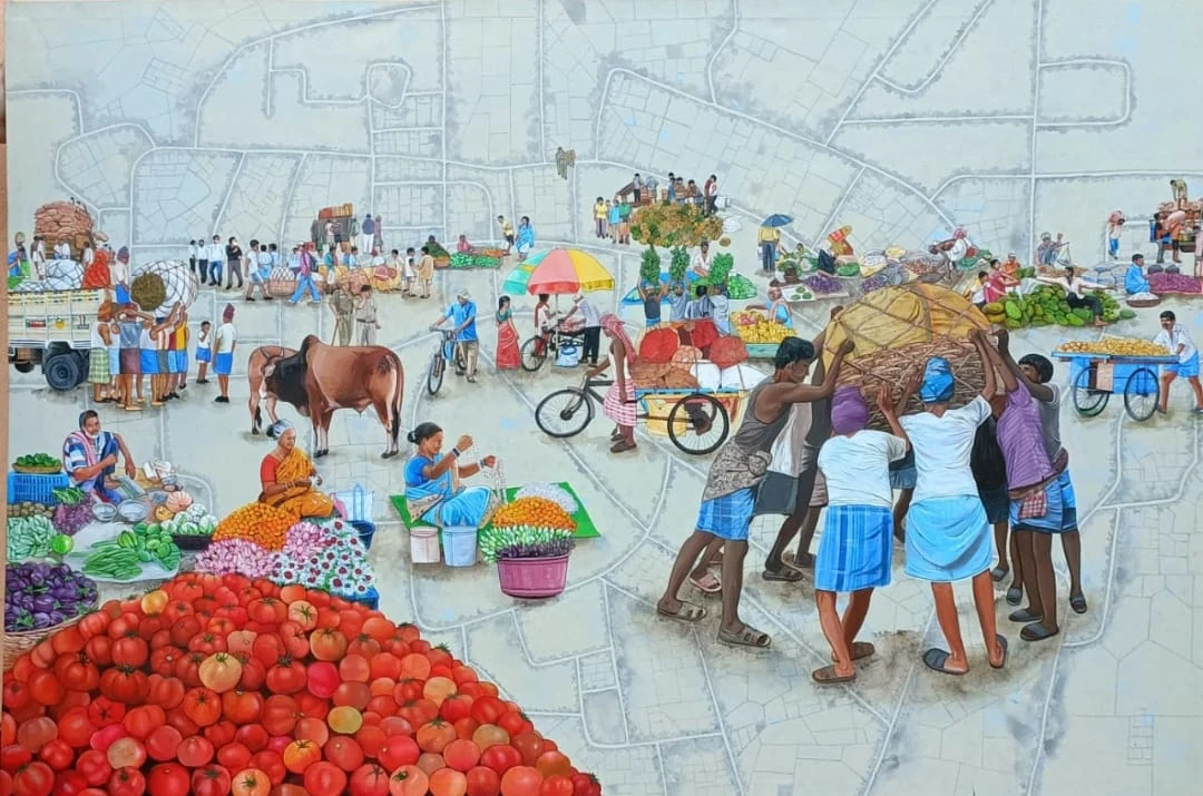Market scene painted over a city map with vegetables, workers and carts
