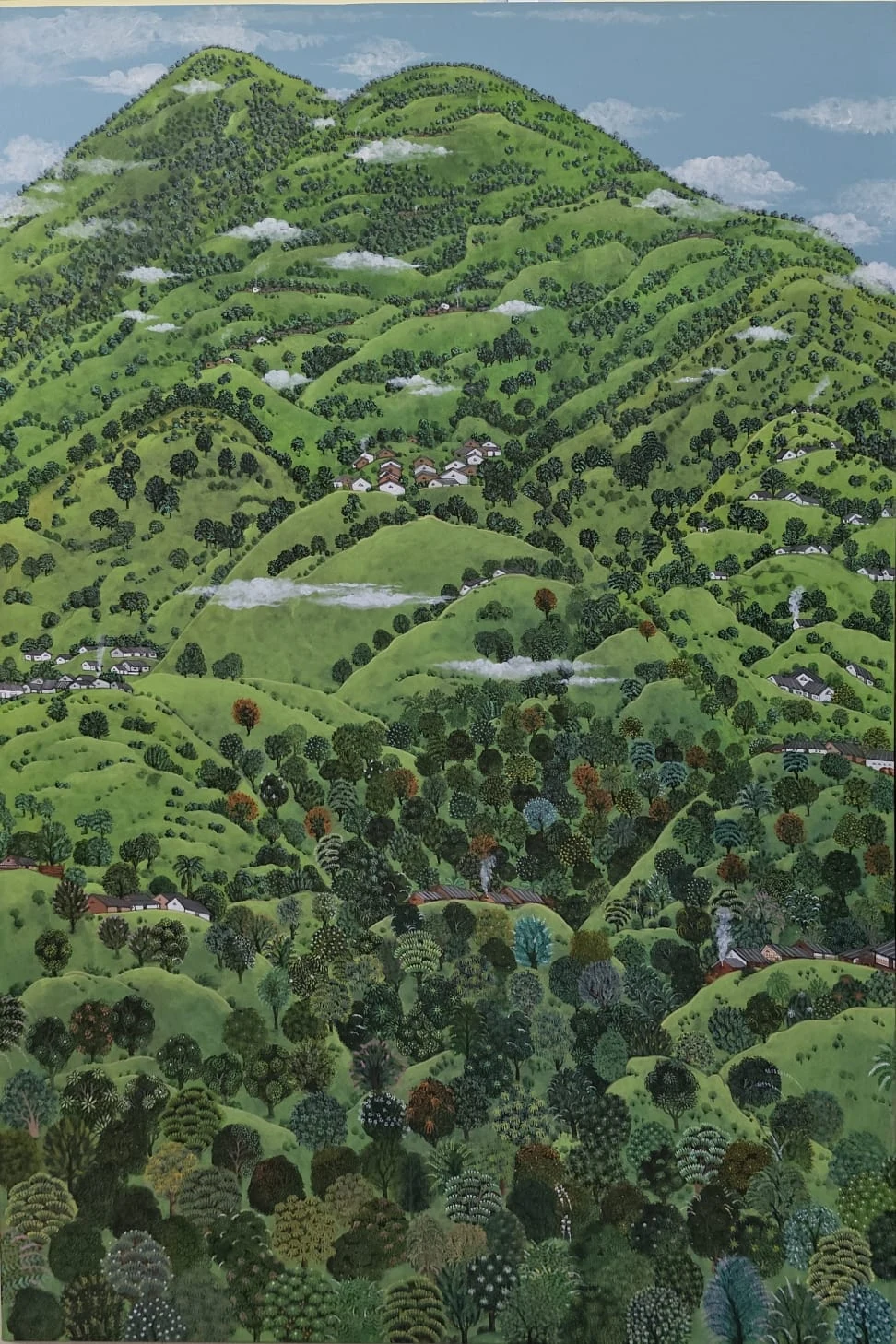 Painting of layered green hills and forested landscape by Satyabhama Majhi