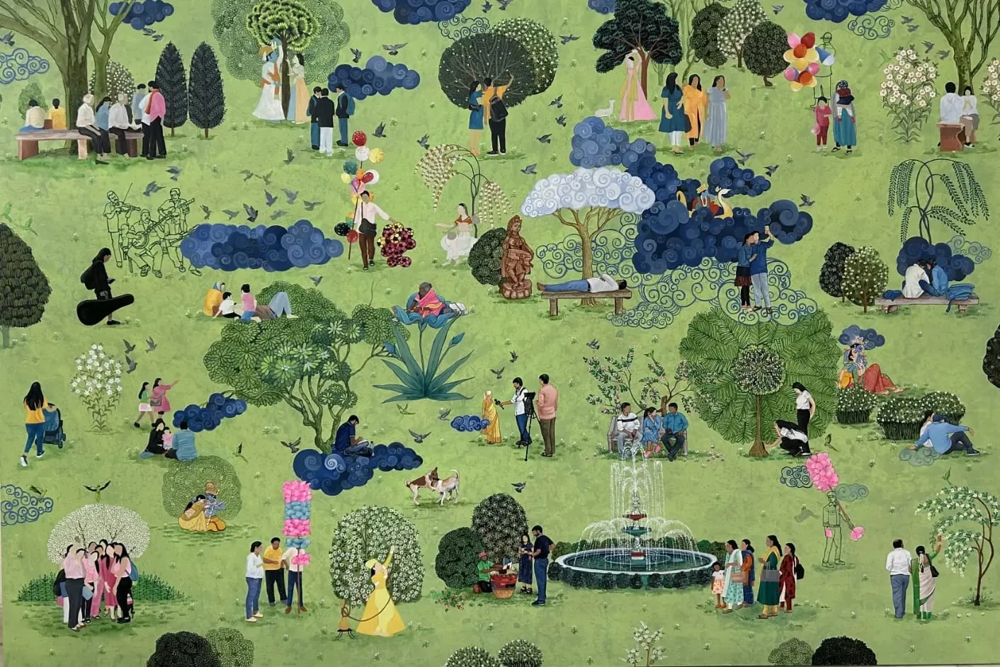 Green park scene with groups, trees and decorative cloud forms