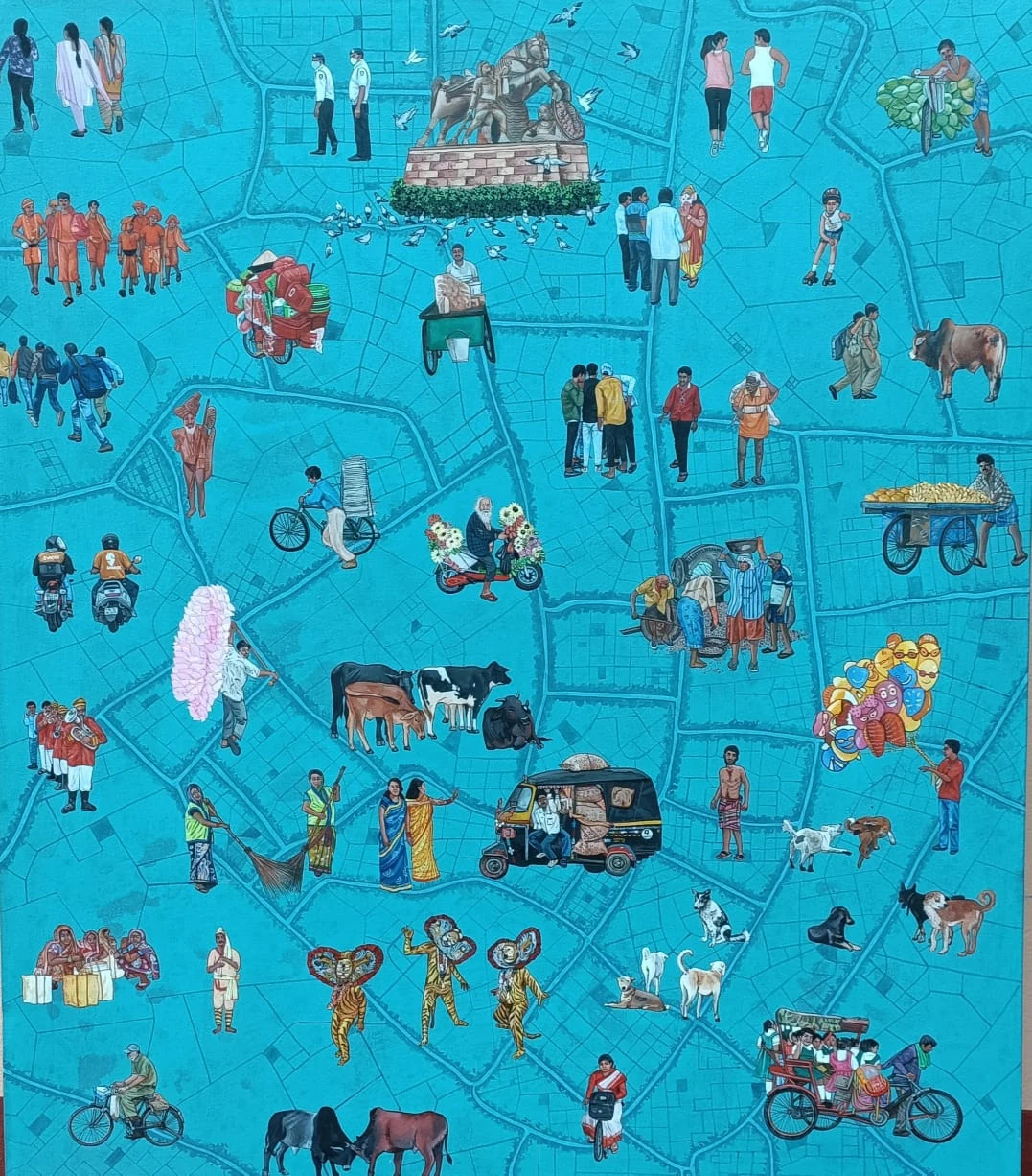 Blue urban map painting filled with figures, animals and street life