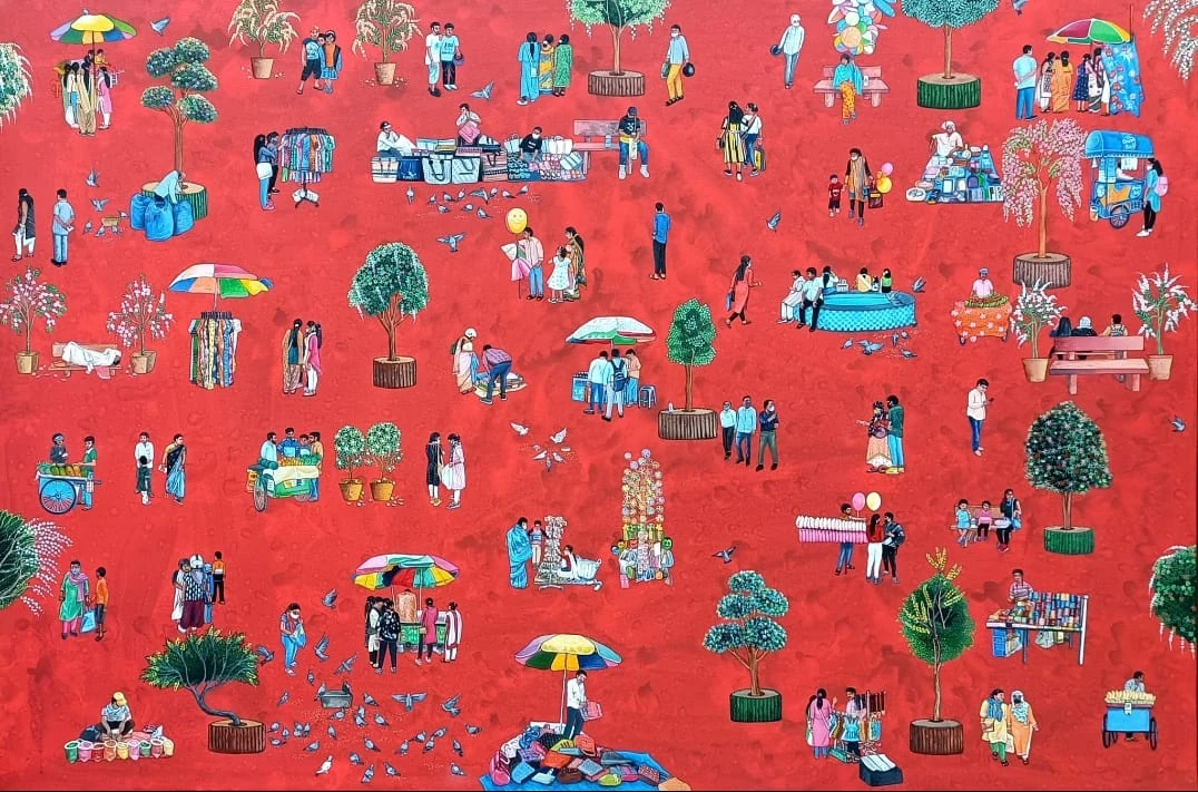 Red public-space painting with many figures and vendors